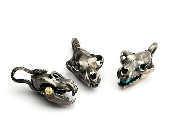 Silver Skull Pendant | Grizzly Bear Skull Pendant | Skull Jewelry | Animal Skull Pendant | Oxidized Silver Pendant | Snake Charm Turquoise