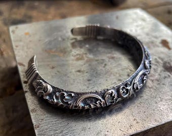 Handmade Sterling Silver Floral Cuff Bracelet, Vintage-Inspired Engraved Design, Chucky Tribal Bangle, Artisan Jewelry for Men and Women