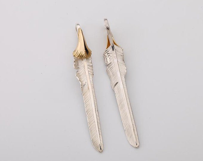Native American Style Sterling Silver Feather Pendant with 18K Solid Gold-Tone Detail, Artisan Feather Jewelry, Boho Pendant Necklace Charm