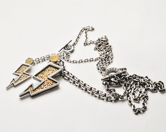 18K Gold Lightning Bolt Necklace, Sterling Silver Thunderbolt Pendant, Handmade Jewelry, Mens Electric Chain Necklace, Bolt Chain Necklace