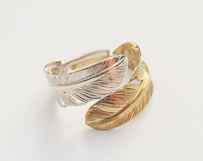 sterling silver feather ring, mixed metal ring for women, two tone ring women, promise ring, high school graduation gift for her, spiritual