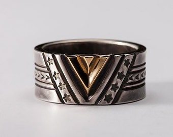 Chevron Victory Ring in Sterling Silver and 18K Gold | Tribal Design for Men Chevron Ring | Handcrafted Symbolic Jewelry | Fathers Day Gift