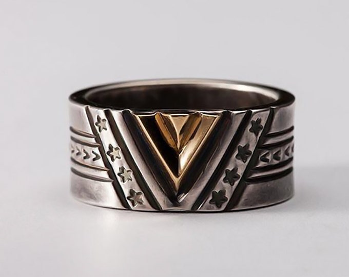 Chevron Victory Ring in Sterling Silver and 18K Gold | Tribal Design for Men Chevron Ring | Handcrafted Symbolic Jewelry | Fathers Day Gift