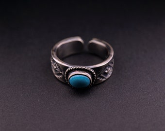 Turquoise Ring Men Vintage Ring Sterling Silver | Native American Inspired Tribal Ring Southwestern | Geometric Engraving Ring Adjustable