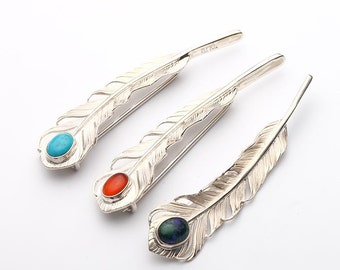 Handmade Sterling Silver Feather Brooch with Gemstones, Nature-Inspired Pin for Men and Women, Gemstone Brooch, Elegant Gift Feather Jewelry
