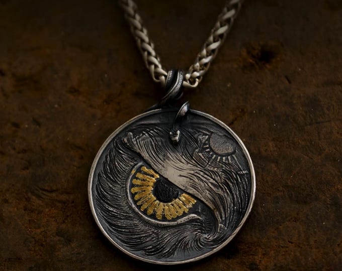 Walking Liberty Eagle Pendant, 18K Gold Accents, Sterling Silver Coin Pendant, US Half Dollar Coin with Snake Bail, Handmade Eagle Jewelry