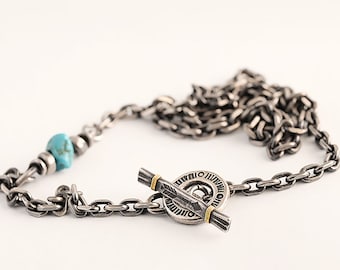 Turquoise Sterling Silver Necklace – Handmade Tribal Jewelry with Toggle Clasp Chain, Two-Tone Gemstone Necklace