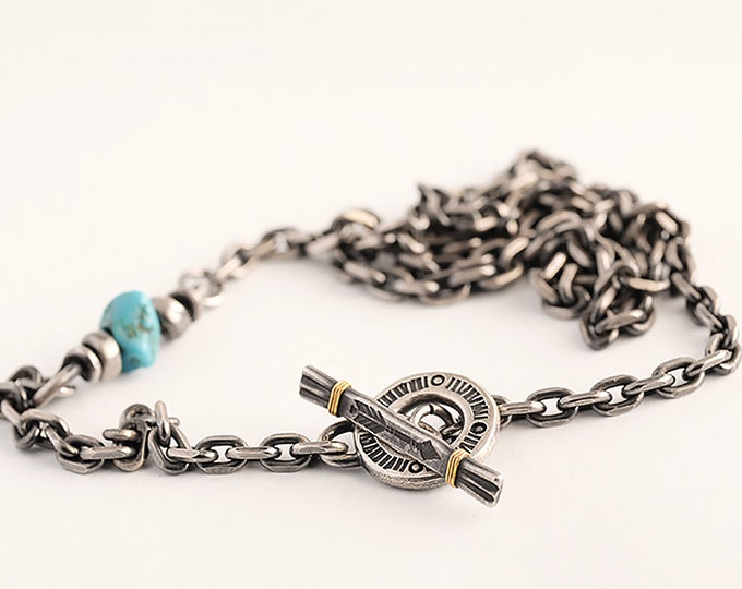 Turquoise Sterling Silver Necklace | Handmade Toggle Clasp Chain | Boho Tribal Jewelry for Men and Women | Gemstone Necklace Two Tone Chain