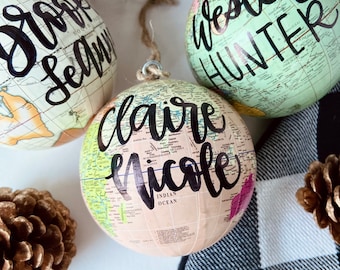 CUSTOM World Globe Ornament  | Personalized Adventure Ornament for Traveler | Calligraphy on Map | Hand Lettered Name Ornament | For Kids