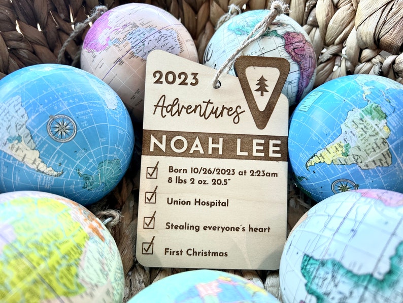 Personalized New Baby Ornament National Park Theme Nursery Adventure Baby Shower Gift Baby's First Ornament Baby Stats Keepsake image 2