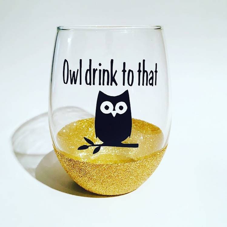 Owl drink to that owl wine glass owl stemless wine glass Etsy