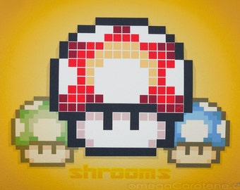 super Shrooms pixelArt gilcée art print | super Mario 1up + mini mushroom power-Ups