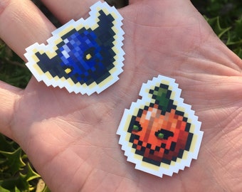 Jack O’Lantern & demon pixelArt pair, TWO Halloween stickers / evil-cute vinyl Decal (cell phone, laptop, or car decal)