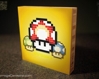 super Shrooms pixelArt (bamboo wallArt) | super Mario-themed pixel mushroom vectorArt wall Decor (w/ 1Up + mini mushroom power-Ups)