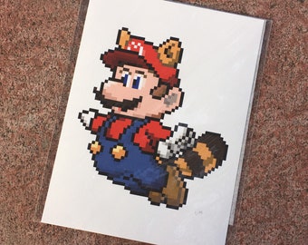 Tanuki Mario / Raccoon Mario pixelArt gilcée art print | Super Mario Bros. 3-themed pixelArt wallArt