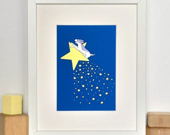 Dog with Shooting Star // 8x10 Matted Nursery Wall Art // Children's Art Print // Dog Art // Baby's Room Decor // Outer Space Theme