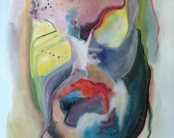 Abstract Face Watercolour Painting: Grotesque Surreal Mask Art (16” x 12”)