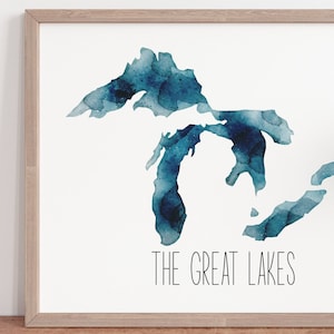 Great Lakes Watercolor Print | Michigan Lakes, Home Decor, Cottage, Cabin, Up North, Lake House, Watercolor, Michigander Gifts, Housewarming