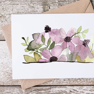 Carta fiori ad acquerello / biglietto di auguri acquerelli viola / arte botanica / fiori moderni fissi / carta pen pal / cartoline postali lumaca