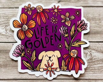 La vie est un autocollant doré | Autocollants imperméables pour ordinateur portable Golden Retriever, autocollants de planificateur de journal, autocollants cool pour bouteille d'eau, chien maman, chiens