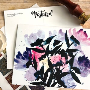 cartões postais Flores abstratas da aquarela | conjunto de cartões postais, aquarelas, design desenhado à mão, floral, notas de agradecimento, estacionário, correio tradicional