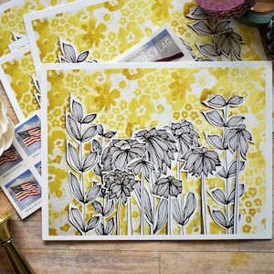Postales Yellow Scrappy Flowers -- Conjunto de 5 // juego de postales, diseño dibujado a mano, floral, notas de agradecimiento, papelería, correo postal
