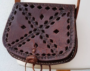 Genuine Leather Bag, Messenger Vintage Smaller Leather Bag Hippie bag 70s bag, Boho Leather Crossbody Bag, Vintage Leather Bag,