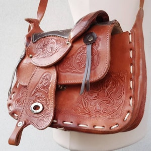 Brown leather bag, Vintage bag, Tribal bag, Saddle bag, Light brown bag, Festival bag, Boho purse, Tooled shoulder bag, Brown shoulder bag