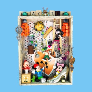 Shadow Box Assemblage, Vintage toy box, Cartoon art box, Whimsical art, GIFT, Child room decor, Mixed media art, Minnie Mouse, Mickey Mouse