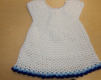 Lacy Flare baby dress, size 18-24 months, White with blue trim