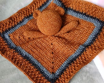 Teddy bear lovey, handkerchief style blanket