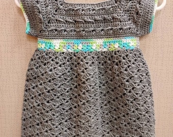 Gray dress with green belt and trim - 12 months