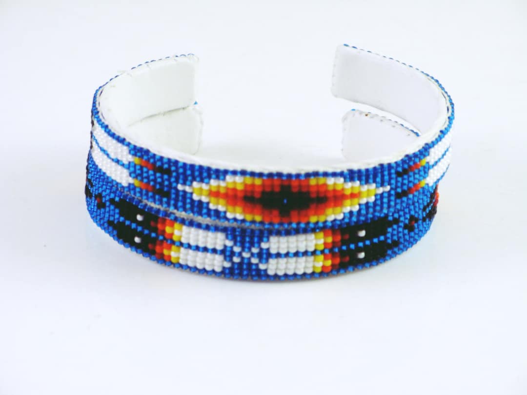 Blue Beadwork Cuff, Native American Cuff, Feather Cuff Design, Diamond Cuff Design, Adjustable