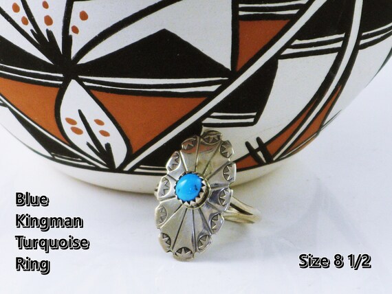 Navajo Silver Ring, Navajo Oval Ring, Blue Kingma… - image 3