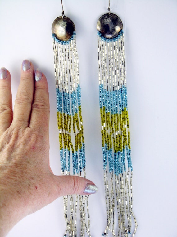 Handmade Sterling Silver Beadwork Earrings: Extra Long Southwest