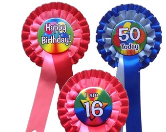 Handmade Birthday Rosette: Custom Ribbon Color, Age Badge, Milestone Celebration Accessory