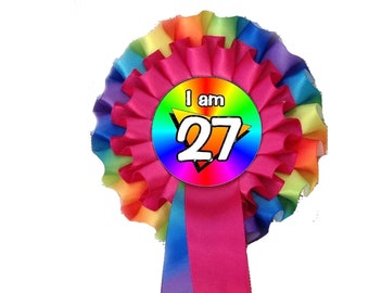 Personalised Rainbow Rosettes for Birthdays, Hen Nights, Stag Nights , Funeral or Baby Showers. These designs are double tier rosettes