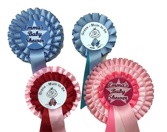 Baby Shower Party Rosette - Personalised Rosettes designed in 1, 2 or 3 tiers of box pleated ribbon, Rosettes customised for any occasion