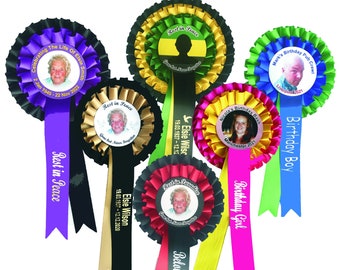 Personalised Photo Rosettes, Custom Event Ribbon. Rosette with a printed tail