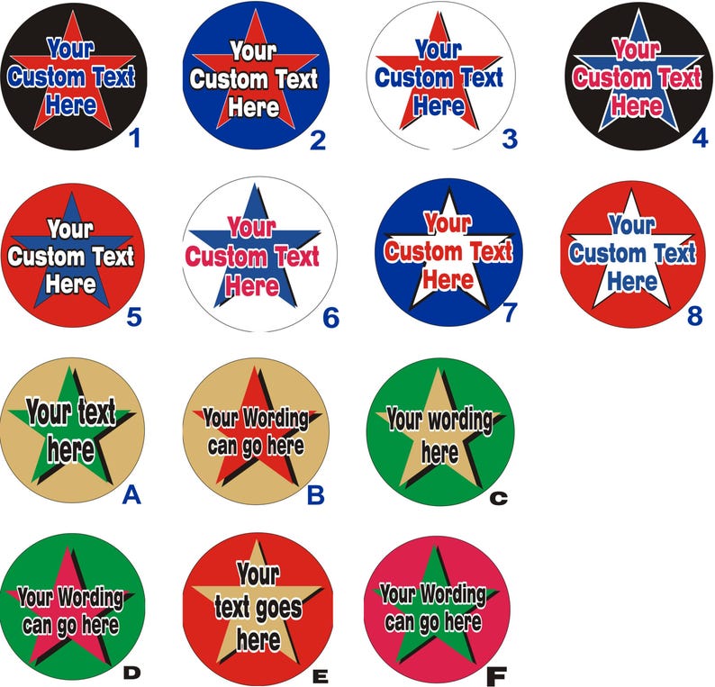 Op de afbeelding: Een verzameling ronde stickers met sterontwerpen en aanpasbare tekst. De stickers hebben verschillende kleurencombinaties, waaronder rode, blauwe, zwarte en groene achtergronden met witte, rode en blauwe sterren. De tekst op de stickers luidt "Your Custom Text Here" of "Your Wording here".