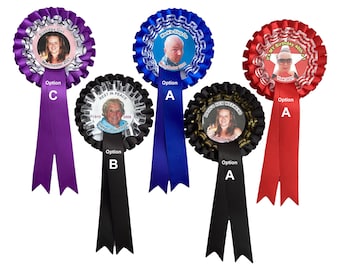 Personalised Photo Rosette, Patterned Ribbon, Custom Celebration Rosette