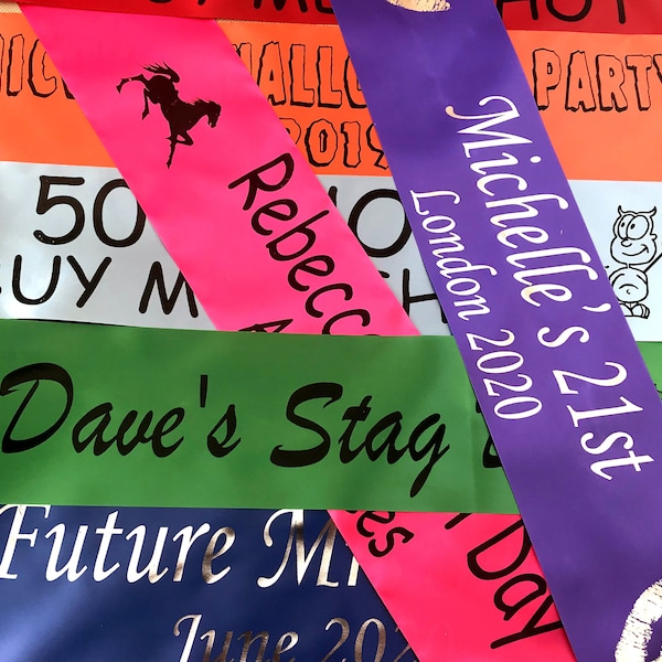 Personalise your Birthday with our Customised Sashes for 18th Birthday, 21st Birthday, 30th Birthday, 40th, 50th, 60th, 70th Birthday