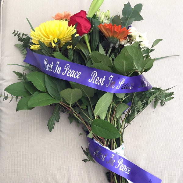 Floral Tribute ribbon, birthday bouquet and wreath ribbon. Personalised ribbon with a choice of colours for the message on your floral gift.