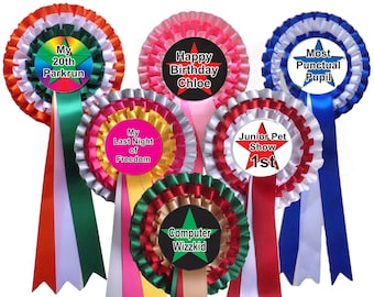 Customised Pleated Ribbon Rosettes: Personalised Text, Colours, Layers (1-4)