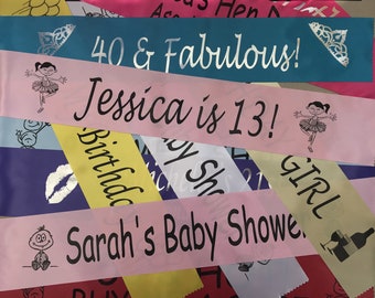 Personalised Sash - Birthday, Corporate, Pageants, Baby Shower, Bride Sash, Custom Printed Sash, Bridal Sash. Choose Your Text and Colours