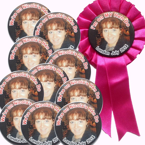 Bachelorette / Hen Party Pack - a rosette for the Bride + 10 badges for guests.  Additional badges available