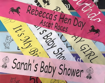 Baby Shower Sashes | Custom Printed Sashes suitable for a Baby Shower, Hen Party, Birthday | Party sash | Choose your ribbon and text colour