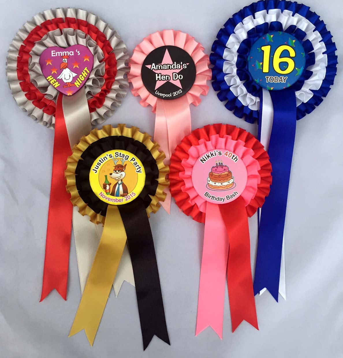 10 X 1 Tier Personalised Rosettes For Parties/Birthdays/Hen do 