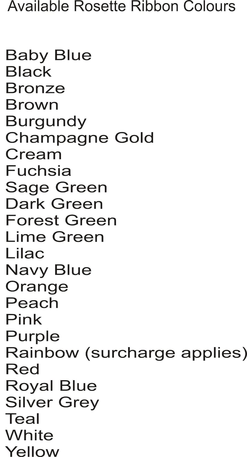 The image shows a list of all the ribbon colours that can be used to personalise your rosette. Available as a 1, 2, 3 or 4 tier rosette. The ribbon colours include Baby Blue | Black | Bronze | Brown | Burgundy | Champagne Gold | Cream | Fuchsia | Dark Green | Forest Green | Light Green | Sage Green | Lilac | Navy Blue | Orange | Peach | Pink | Purple | Red | Royal Blue | Silver Grey | Teal | White | Yellow. Then use the rosettes on your special occasion. Include a photo on the centre.
