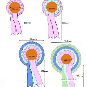 Details of the outside diameters, centre diameters and overall lengthh of the 4 different rosette styles that can be personalised for any event